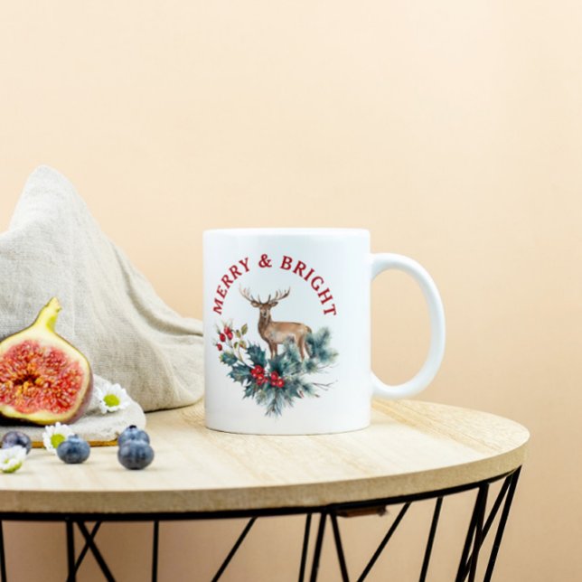 Christmas holly wreath & brown deer Two-Tone coffee mug (Creator Uploaded)