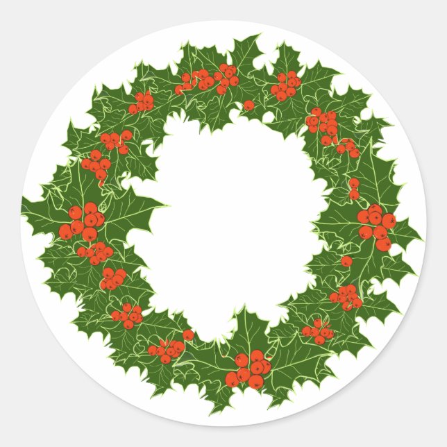 Christmas Holly Wreath   Classic Round Sticker (Front)