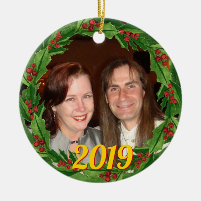 Christmas Holly Wreath Custom Photo Ceramic Tree Decoration (Front)