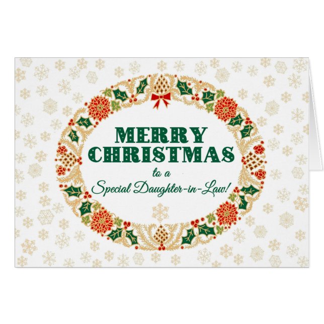 Christmas Holly Wreath, Daughter-in-Law Snowflakes (Front Horizontal)