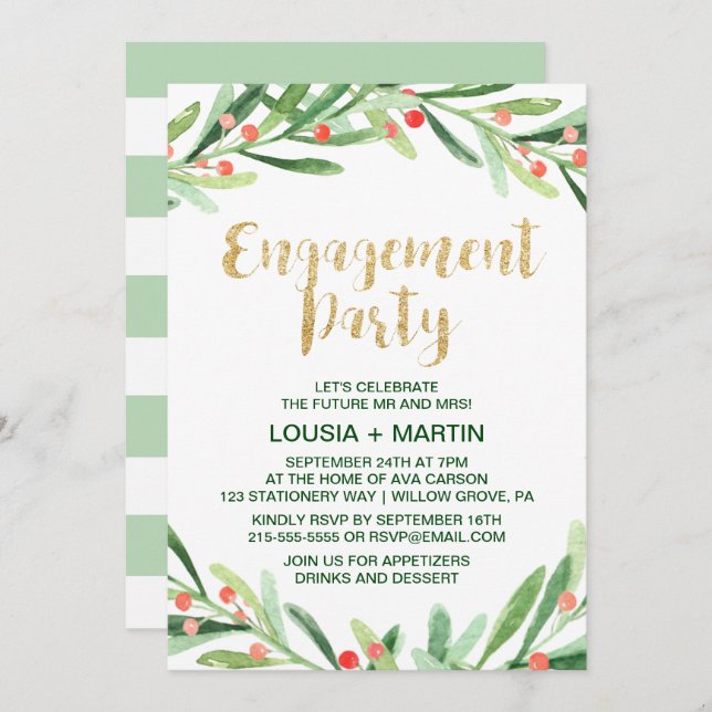 Christmas Holly Wreath Engagement Party Invitation (Front/Back)