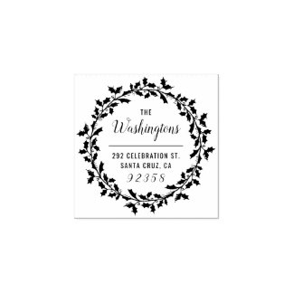 Christmas Holly Wreath Family Name Return Address Rubber Stamp