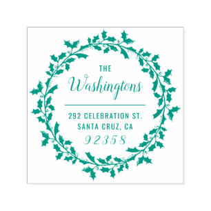 Christmas Holly Wreath Family Name Return Address Self-inking Stamp