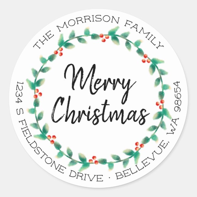 Christmas Holly Wreath Family Return Address Classic Round Sticker (Front)