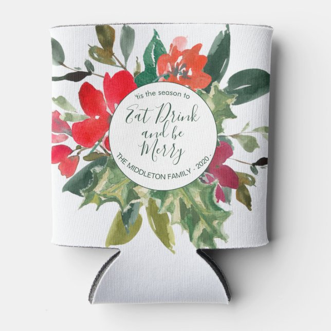 Christmas Holly Wreath Floral Green Can Cooler (Front)