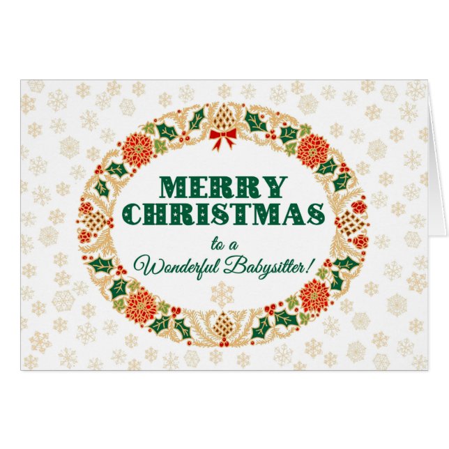 Christmas Holly Wreath for Babysitter, Snowflakes (Front Horizontal)