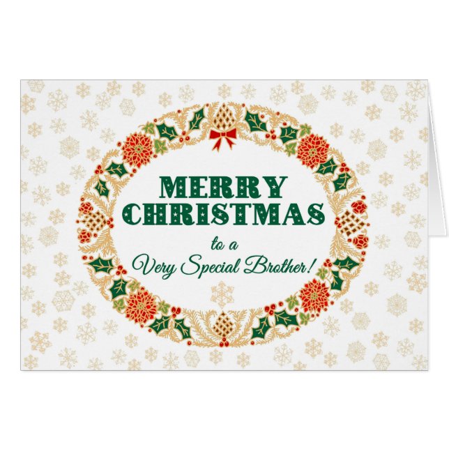 Christmas Holly Wreath for Brother, Snowflakes (Front Horizontal)