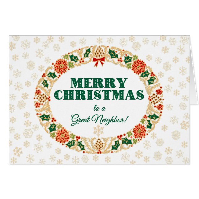 Christmas Holly Wreath, for Neighbour, Snowflakes (Front Horizontal)