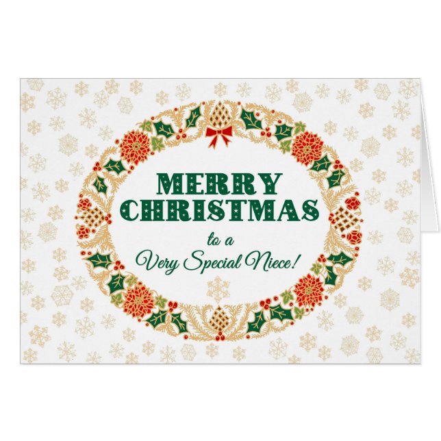 Christmas Holly Wreath, for Niece, Snowflakes (Front Horizontal)