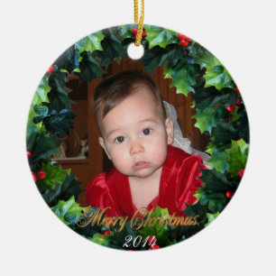 Christmas Holly wreath Photo ornament, Ceramic Tree Decoration