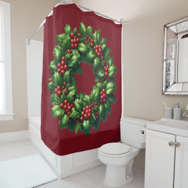 Christmas Holly Wreath Shower Curtain (In Situ)