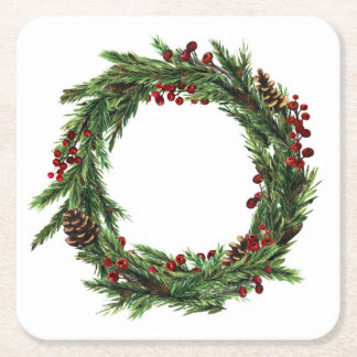 Christmas Holly Wreath Square Paper Coaster