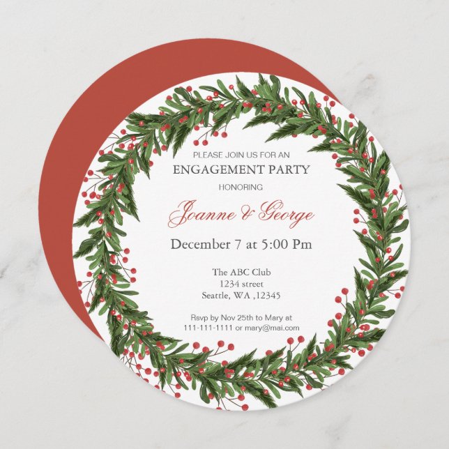 Christmas Holly Wreath Winter Engagement Party Invitation (Front/Back)