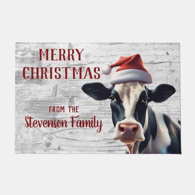 Christmas Holstein Cow Santa Family Name Home Doormat (Front)