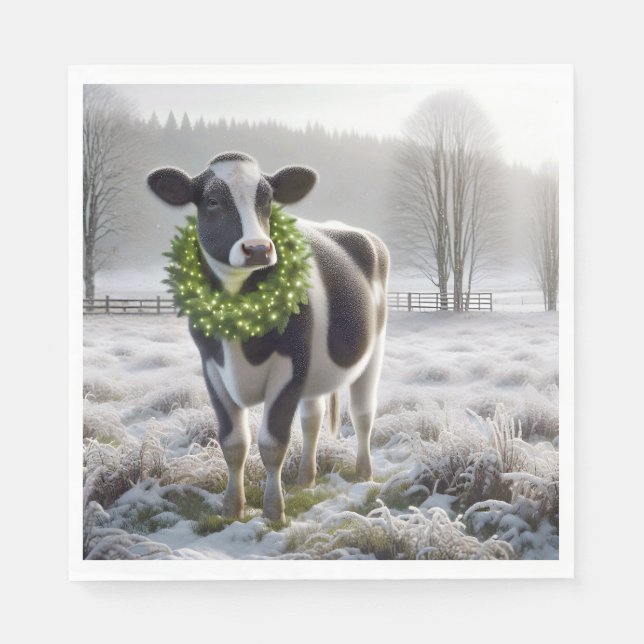 Christmas Holstein Cow Wearing a Wreath Napkin (Front)
