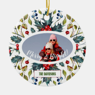 Christmas Holy Berries Wreath Photo Monogram Ceramic Tree Decoration