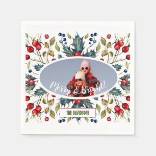 Christmas Holy Berries Wreath Photo Monogram Napkin