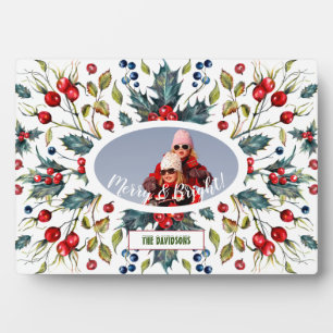 Christmas Holy Berries Wreath Photo Monogram Plaque