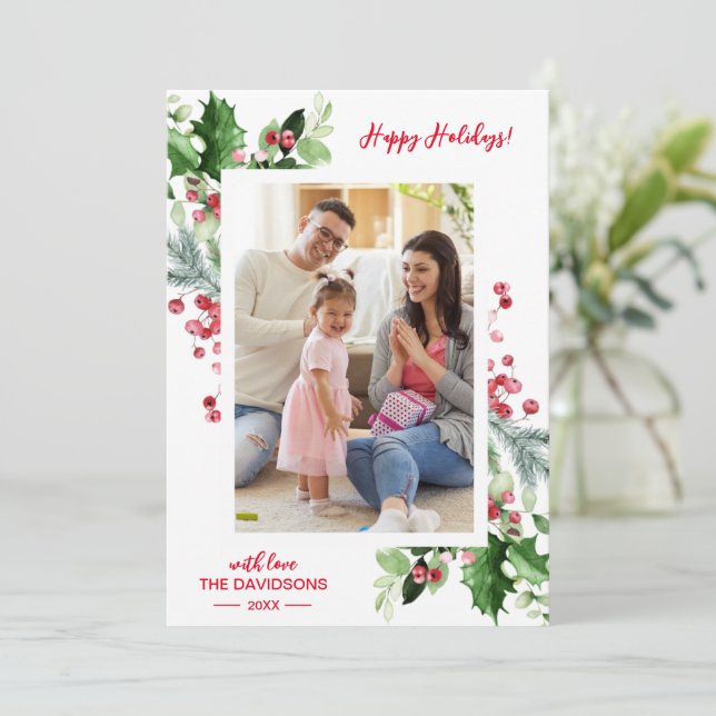 Christmas Holy Berry Happy Holidays Photo Family Holiday Card (Standing Front)