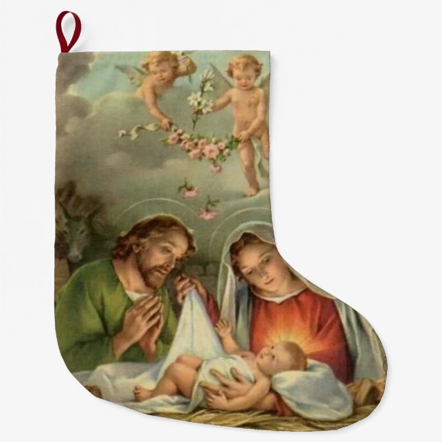 Christmas Holy Family Nativity Jesus Mary Joseph Large Christmas Stocking (Front)