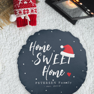 Christmas home sweet home Santa hat family name Round Cushion