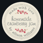 Christmas Homemade Cranberry Jam Can Antique White Classic Round Sticker<br><div class="desc">Rustic and modern homemade Christmas jam canning cranberry jam jar sticker with the text made with love, homemade cranberry jam and your name in modern script on an antique white background with a stylish touch of cranberries. Simply add your name and the product name to the label. Exclusively designed for...</div>