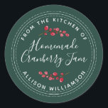 Christmas Homemade Cranberry Jam Can Dark Green Classic Round Sticker<br><div class="desc">Rustic and modern homemade Christmas jam canning cranberry jam jar sticker with the text from the kitchen of, homemade cranberry jam and your name in white chic script calligraphy and modern typography on a dark green background with a stylish touch of cranberries. Simply add your name and the product name...</div>