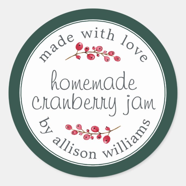 Christmas Homemade Cranberry Jam Can Dark Green Classic Round Sticker (Front)
