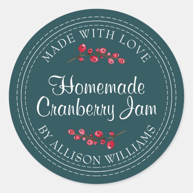 Christmas Homemade Cranberry Jam Can Deep Teal Classic Round Sticker (Front)