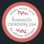 Christmas Homemade Cranberry Jam Can Red Classic Round Sticker<br><div class="desc">Rustic and modern homemade Christmas jam canning cranberry jam jar sticker with the text made with love, homemade cranberry jam and your name in modern script on a red background with a stylish touch of cranberries. Simply add your name and the product name to the label. Exclusively designed for you...</div>