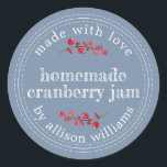 Christmas Homemade Cranberry Jam Can Vintage Blue Classic Round Sticker<br><div class="desc">Rustic and modern homemade Christmas jam canning cranberry jam jar sticker with the text made with love, homemade cranberry jam and your name in modern script on a vintage blue background with a stylish touch of cranberries. Simply add your name and the product name to the label. Exclusively designed for...</div>