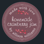 Christmas Homemade Cranberry Jam Canning Burgundy Classic Round Sticker<br><div class="desc">Rustic and modern homemade Christmas jam canning cranberry jam jar sticker with the text made with love, homemade cranberry jam and your name in modern script on a burgundy background with a stylish touch of cranberries. Simply add your name and the product name to the label. Exclusively designed for you...</div>