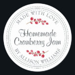 Christmas Homemade Cranberry Jam Canning Classic Round Sticker<br><div class="desc">Rustic and modern homemade Christmas jam canning cranberry jam jar sticker with the text made with love, homemade cranberry jam and your name in modern script on a white background with a stylish touch of cranberries. Simply add your name and the product name to the label. Exclusively designed for you...</div>