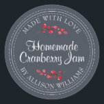Christmas Homemade Cranberry Jam Canning Dark Blue Classic Round Sticker<br><div class="desc">Rustic and modern homemade Christmas jam canning cranberry jam jar sticker with the text made with love, homemade cranberry jam and your name in modern script on a dark blue background with a stylish touch of cranberries. Simply add your name and the product name to the label. Exclusively designed for...</div>