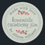 Christmas Homemade Cranberry Jam Canning Green Classic Round Sticker<br><div class="desc">Rustic and modern homemade Christmas jam canning cranberry jam jar sticker with the text made with love, homemade cranberry jam and your name in modern script on a pastel green background with a stylish touch of cranberries. Simply add your name and the product name to the label. Exclusively designed for...</div>