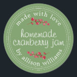 Christmas Homemade Cranberry Jam Canning Green Classic Round Sticker<br><div class="desc">Rustic and modern homemade Christmas jam canning cranberry jam jar sticker with the text made with love, homemade cranberry jam and your name in modern script on a meadow green background with a stylish touch of cranberries. Simply add your name and the product name to the label. Exclusively designed for...</div>