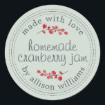 Christmas Homemade Cranberry Jam Canning Green Classic Round Sticker<br><div class="desc">Rustic and modern homemade Christmas jam canning cranberry jam jar sticker with the text made with love, homemade cranberry jam and your name in modern script on a pastel green background with a stylish touch of cranberries. Simply add your name and the product name to the label. Exclusively designed for...</div>