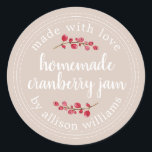 Christmas Homemade Cranberry Jam Canning Purple Classic Round Sticker<br><div class="desc">Rustic and modern homemade Christmas jam canning cranberry jam jar sticker with the text made with love, homemade cranberry jam and your name in white chic script calligraphy and modern typography on a almond peach pastel purple background with a stylish touch of cranberries. Simply add your name and the product...</div>
