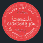 Christmas Homemade Cranberry Jam Canning Red Classic Round Sticker<br><div class="desc">Rustic and modern homemade Christmas jam canning cranberry jam jar sticker with the text made with love, homemade cranberry jam and your name in modern script on a bright red background with a stylish touch of cranberries. Simply add your name and the product name to the label. Exclusively designed for...</div>