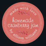 Christmas Homemade Cranberry Jam Canning Red Classic Round Sticker<br><div class="desc">Rustic and modern homemade Christmas jam canning cranberry jam jar sticker with the text made with love, homemade cranberry jam and your name in modern script on an autumn leaf red background with a stylish touch of cranberries. Simply add your name and the product name to the label. Exclusively designed...</div>