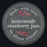 Christmas Homemade Cranberry Jam Chalkboard Classic Round Sticker<br><div class="desc">Rustic and modern homemade Christmas jam canning cranberry jam jar sticker with the text made with love, homemade cranberry jam and your name in modern script on a chalkboard background. Simply add your name and the product name to the label. Exclusively designed for you by Happy Dolphin Studio. If you...</div>