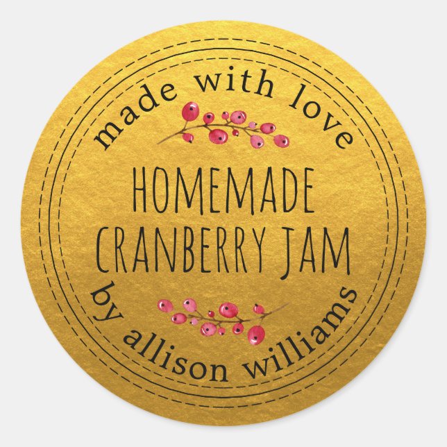 Christmas Homemade Cranberry Jam Gold Classic Round Sticker (Front)