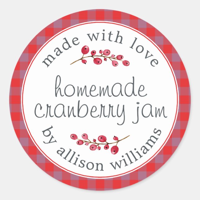 Christmas Homemade Cranberry Jam Red Purple Check Classic Round Sticker (Front)