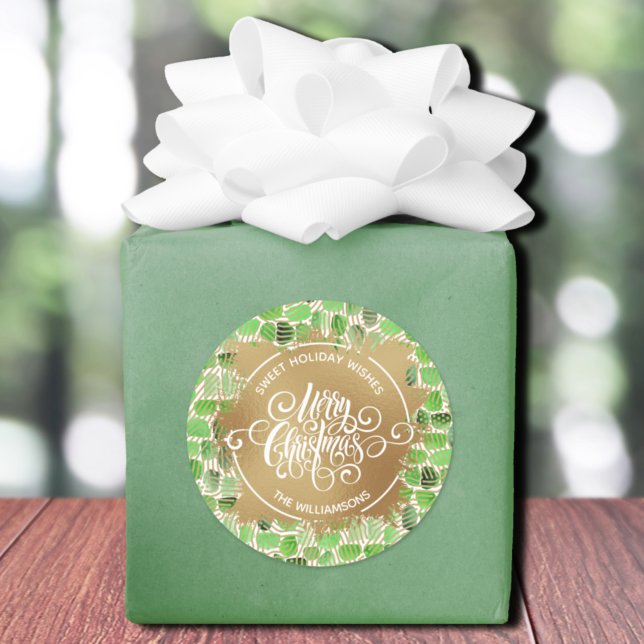 Christmas Homemade Holiday Baking Classic Round Sticker (Christmas sweet holiday wishes homemade baking round stickers with green brush stroke pattern)