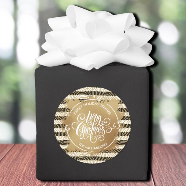 Christmas Homemade Holiday Baking Gold Classic Round Sticker (Merry Christmas on gold sweet holiday wishes homemade stickers on black and white stripes)