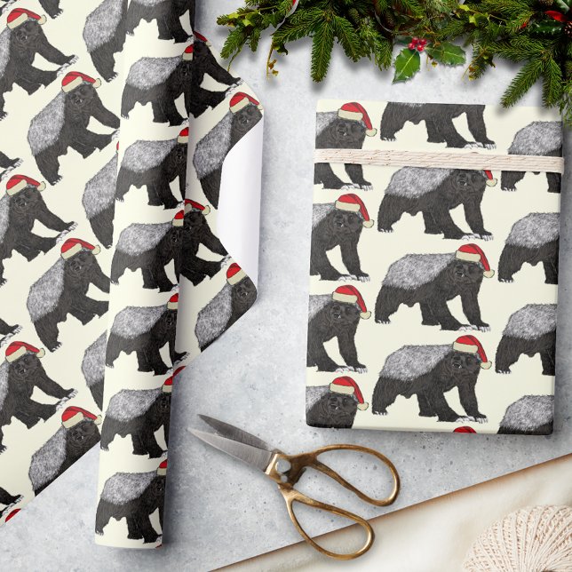 Christmas Honey Badger Badass Santa Wrapping Paper (Christmas honey badger wearing a santa hat pattern badass wild animal holiday wrapping paper)