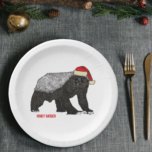 Christmas Honey Badger Paper Plate (Christmas honey badger holiday paper plates funny honey badger wearing a Santa hat)