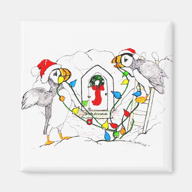 Christmas Hornedbill Puffins Decorating Nest Magnet (Front)