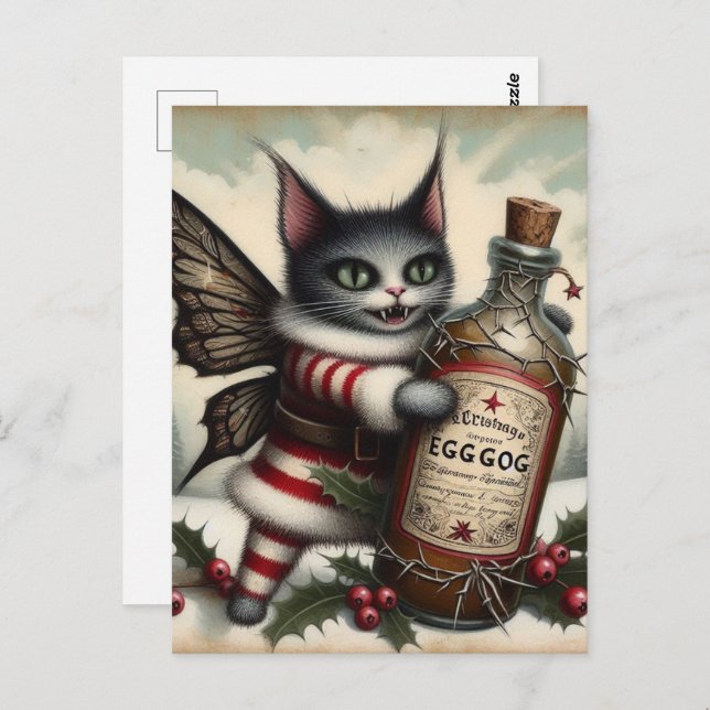 Christmas Horror Kitty Fairy With Eggnog Postcard (Front/Back)