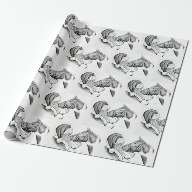 Christmas Horse and Santa Claus Wrapping Paper (Unrolled)